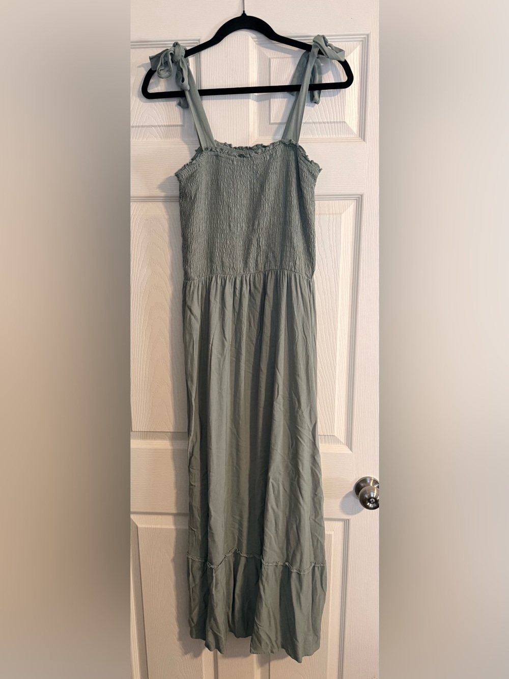 Tie-Shoulder Smocked Maxi Dress in Sage